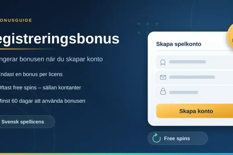 En grafik med rubriken "Registreringsbonus" bredvid ett illustrerat registreringsformulär för spelkonto med knappen "Skapa konto" och en bonusmärkning, samt punkter om en bonus per licens, free spins och minst 60 dagar.