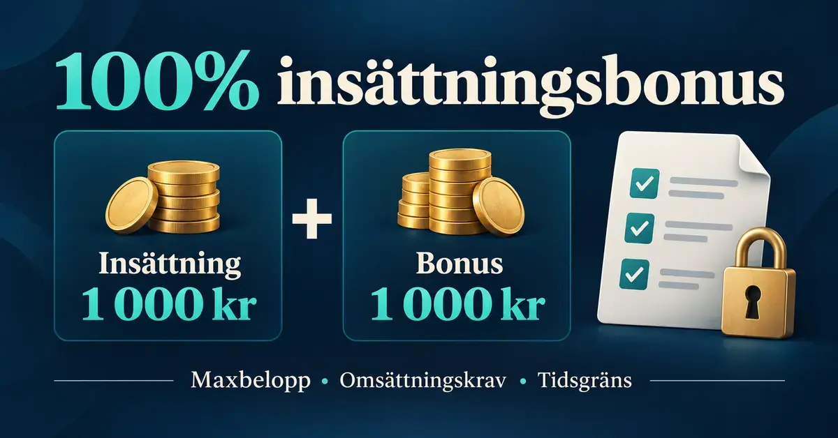 Illustration av en 100 procent insättningsbonus där en insättning på 1 000 kronor matchas med 1 000 kronor i bonus, med en checklista och ett hänglås som symboliserar bonusvillkoren.