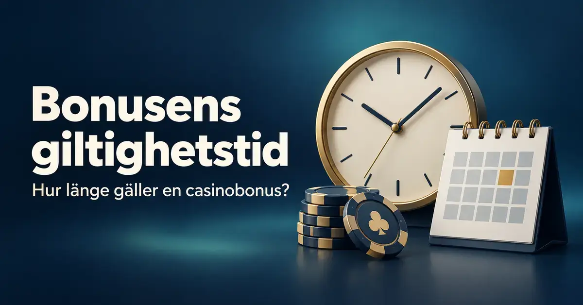 En klocka, en kalender och kasinomarker illustrerar en casinobonus giltighetstid under rubriken ”Bonusens giltighetstid”.