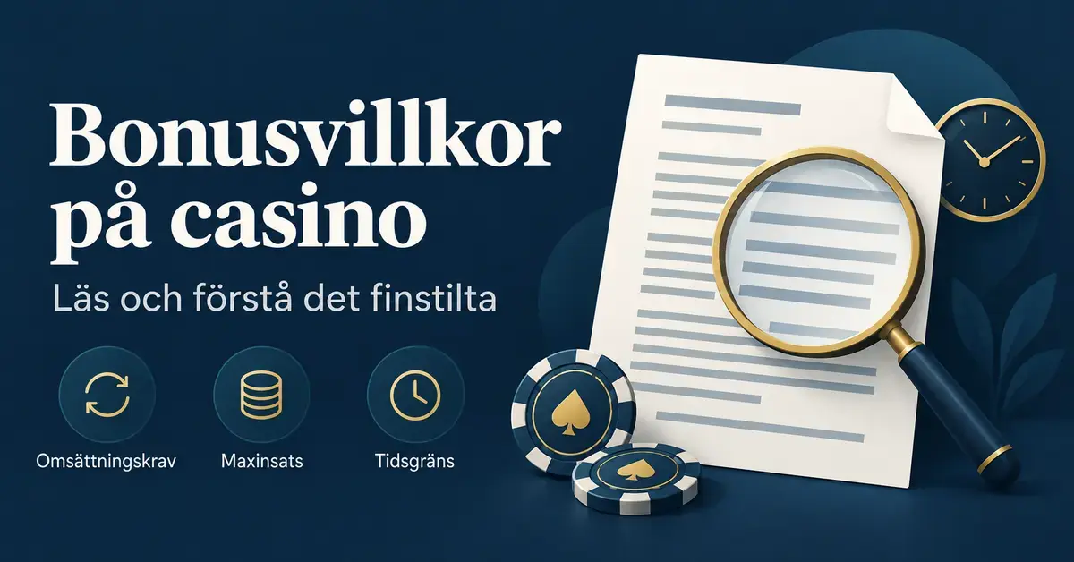 Illustration av bonusvillkor på casino med ett förstoringsglas över finstilt text, spelmarker och symboler för omsättningskrav, maxinsats och tidsgräns.