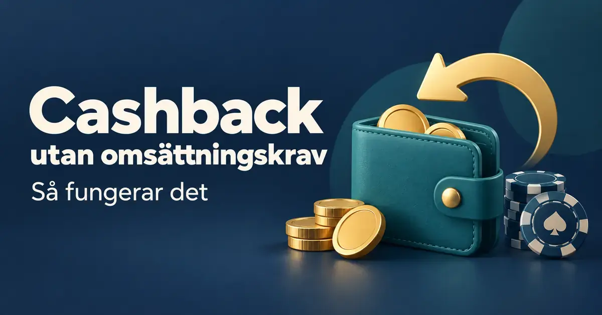 Illustration av en turkos plånbok, guldmynt, kasinomarker och en återbetalningspil intill texten ”Cashback utan omsättningskrav – Så fungerar det”.