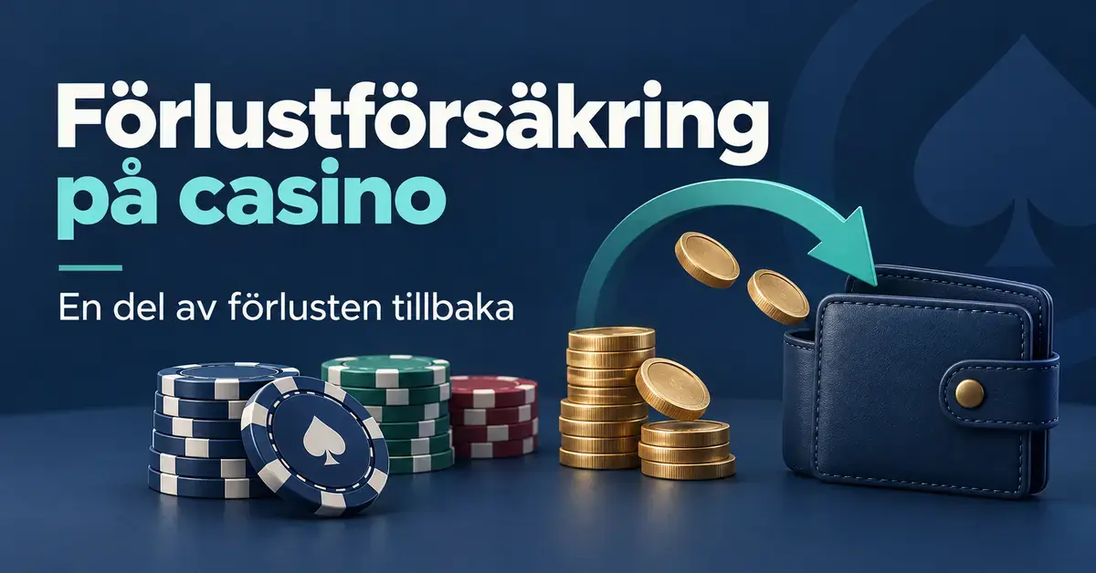 Illustration av kasinomarker, mynt och en pil mot en plånbok som visar återbetalning av en del av förlusten vid förlustförsäkring på casino.
