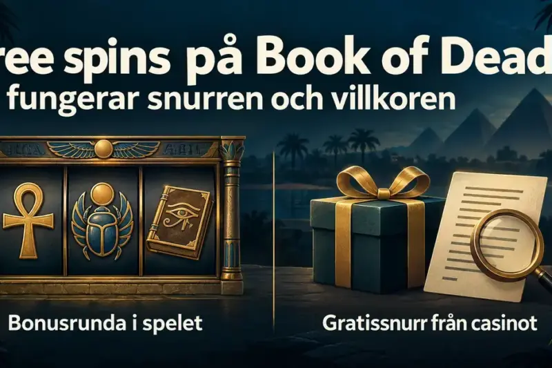 Illustration med egyptiska spelhjul, en present och ett villkorsdokument som visar skillnaden mellan bonusrundan i Book of Dead och gratissnurr från casinot.