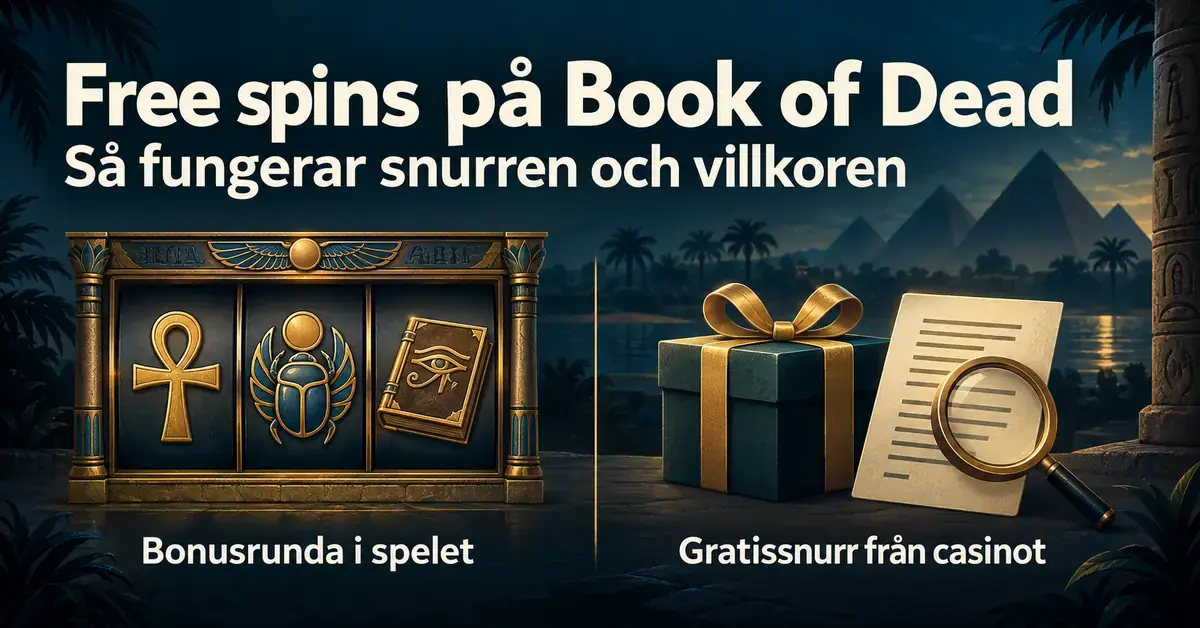 Illustration med egyptiska spelhjul, en present och ett villkorsdokument som visar skillnaden mellan bonusrundan i Book of Dead och gratissnurr från casinot.