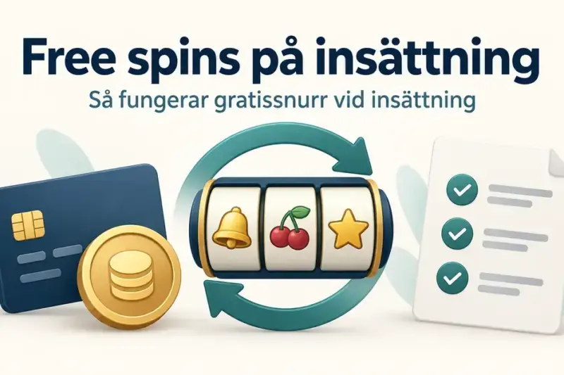 Illustration av ett betalkort, ett mynt, en spelautomat med snurrpilar och en villkorslista under rubriken ”Free spins på insättning”.