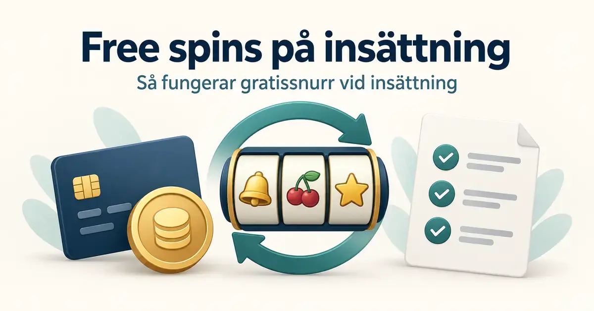 Illustration av ett betalkort, ett mynt, en spelautomat med snurrpilar och en villkorslista under rubriken ”Free spins på insättning”.