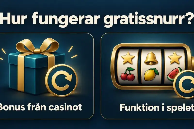 Illustration som visar gratissnurr som bonus från casinot med ett presentpaket och som funktion i spelet med en spelautomat.