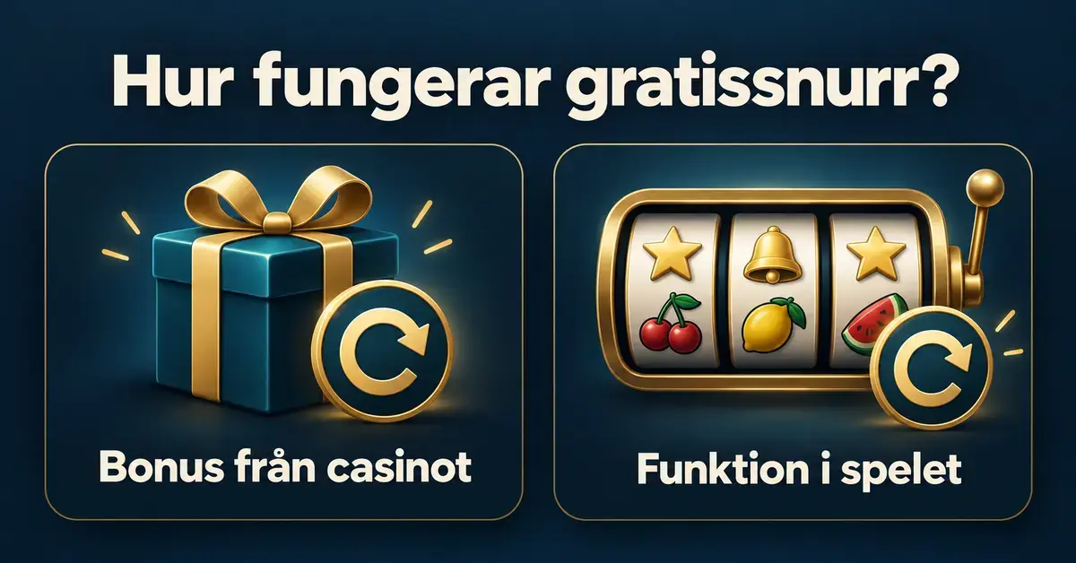 Illustration som visar gratissnurr som bonus från casinot med ett presentpaket och som funktion i spelet med en spelautomat.