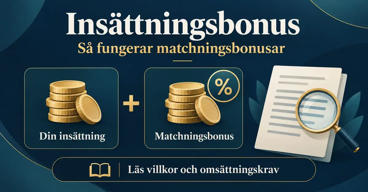 Illustration av en insättningsbonus med två myntstaplar för insättning och matchningsbonus samt ett förstoringsglas över bonusvillkoren.