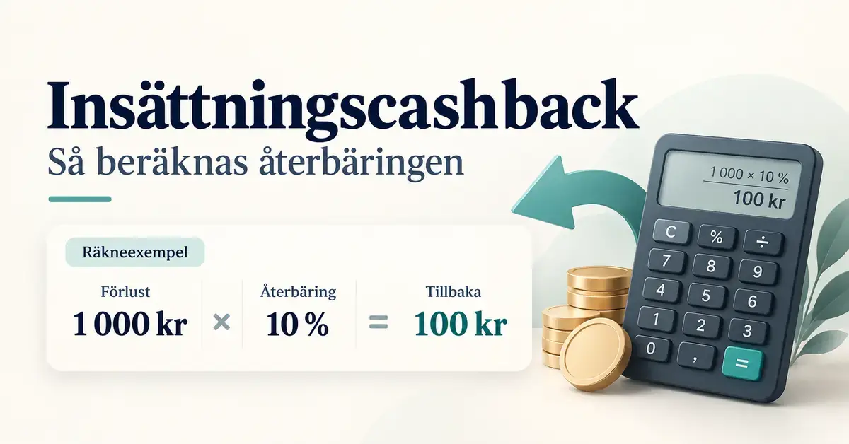 Illustration av insättningscashback med miniräknare och mynt samt ett räkneexempel där 10 procent av en förlust på 1 000 kronor ger 100 kronor i återbäring.