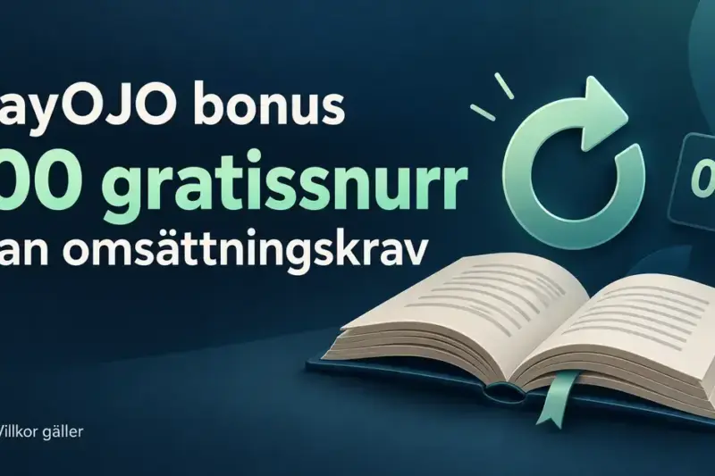 Illustration av en öppen bok, en snurrpil och symbolen 0× intill texten PlayOJO bonus – 100 gratissnurr utan omsättningskrav.