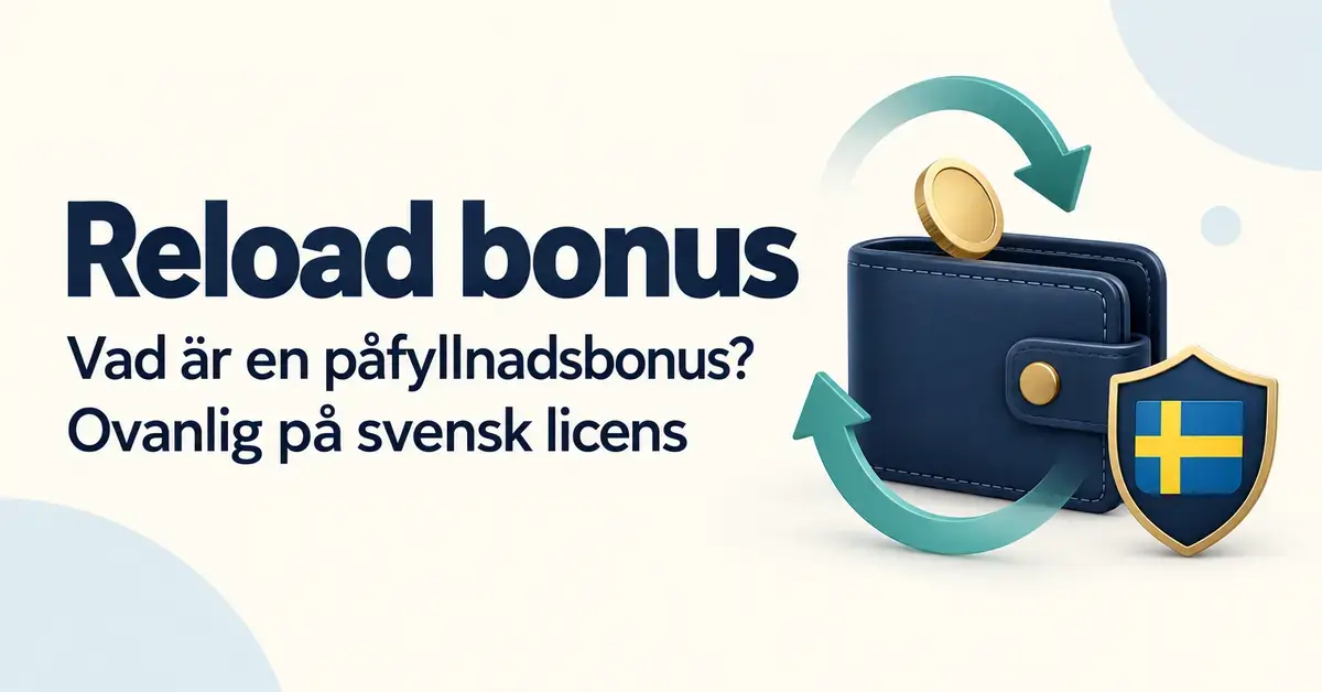 Illustration av en plånbok med mynt och cirkulära pilar samt en sköld med svensk flagga, med text om påfyllnadsbonus och att den är ovanlig på svensk licens.