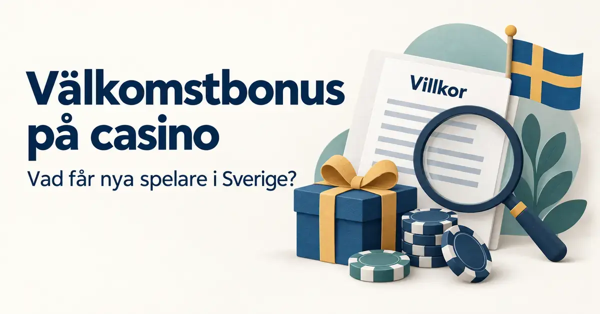Illustration om välkomstbonus på casino i Sverige med en presentask, spelmarker, svensk flagga och ett förstoringsglas över bonusvillkoren.